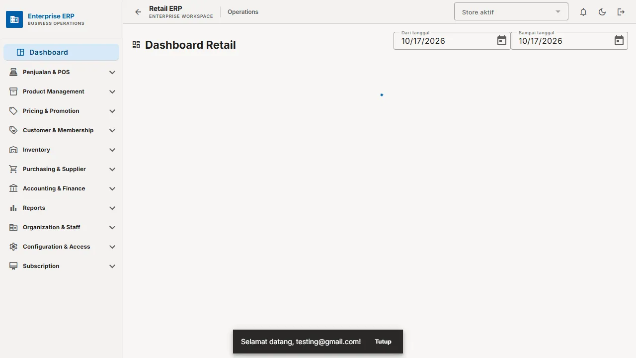 Dashboard Retail dan navigasi modul